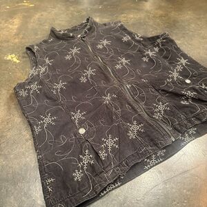 Woolrich Womens XL Corduroy Vest Gray Snowflake Embroidered Full Zip Sleeveless